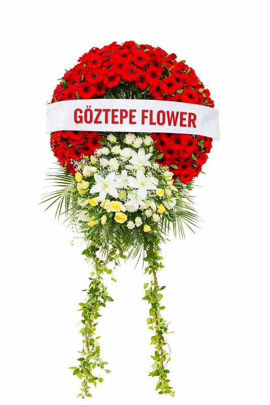 Kırmızı Gerbera & Beyaz Lilyumlu Premium Cenaze Çelengi