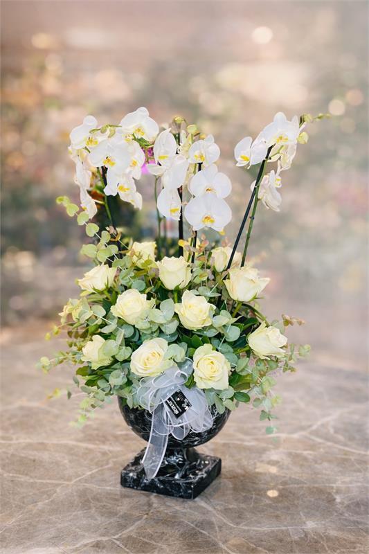 Zarif Beyaz Orkide & Gül Aranjmanı