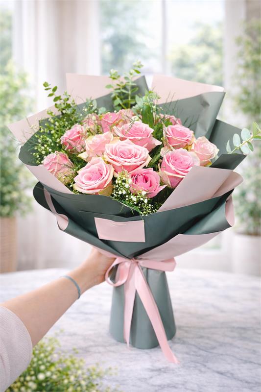 15 Adet Pembe Gül Zarafeti Buketi
